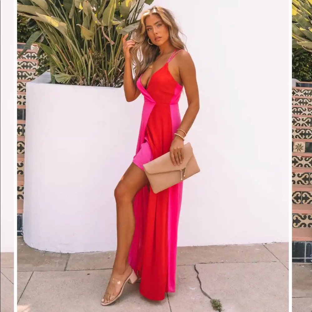 NWOT, Vici collection, colour block, pink and red maxi dress